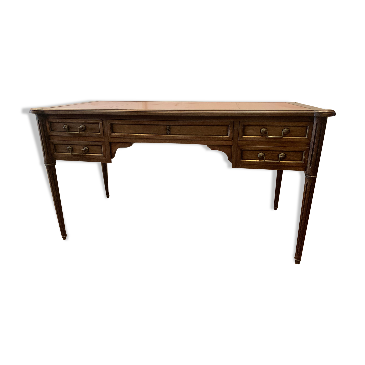 Louis XVI style flat desk in mahogany top of fawn leather XX century