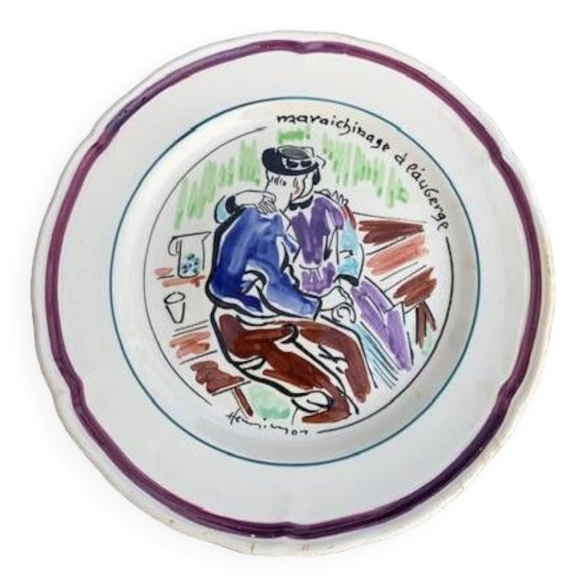 Collectible plate painted by Henry Simon, market gardening at the inn, in enameled ceramic,