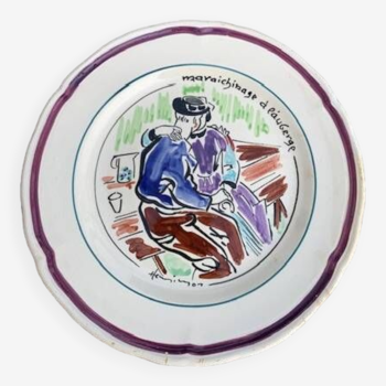 Collectible plate painted by Henry Simon, market gardening at the inn, in enameled ceramic,
