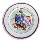 Collectible plate painted by Henry Simon, market gardening at the inn, in enameled ceramic,