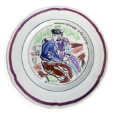 Collectible plate painted by Henry Simon, market gardening at the inn, in enameled ceramic,