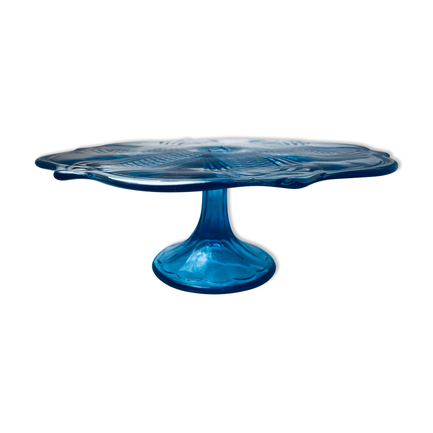 Blue vintage glass cake display