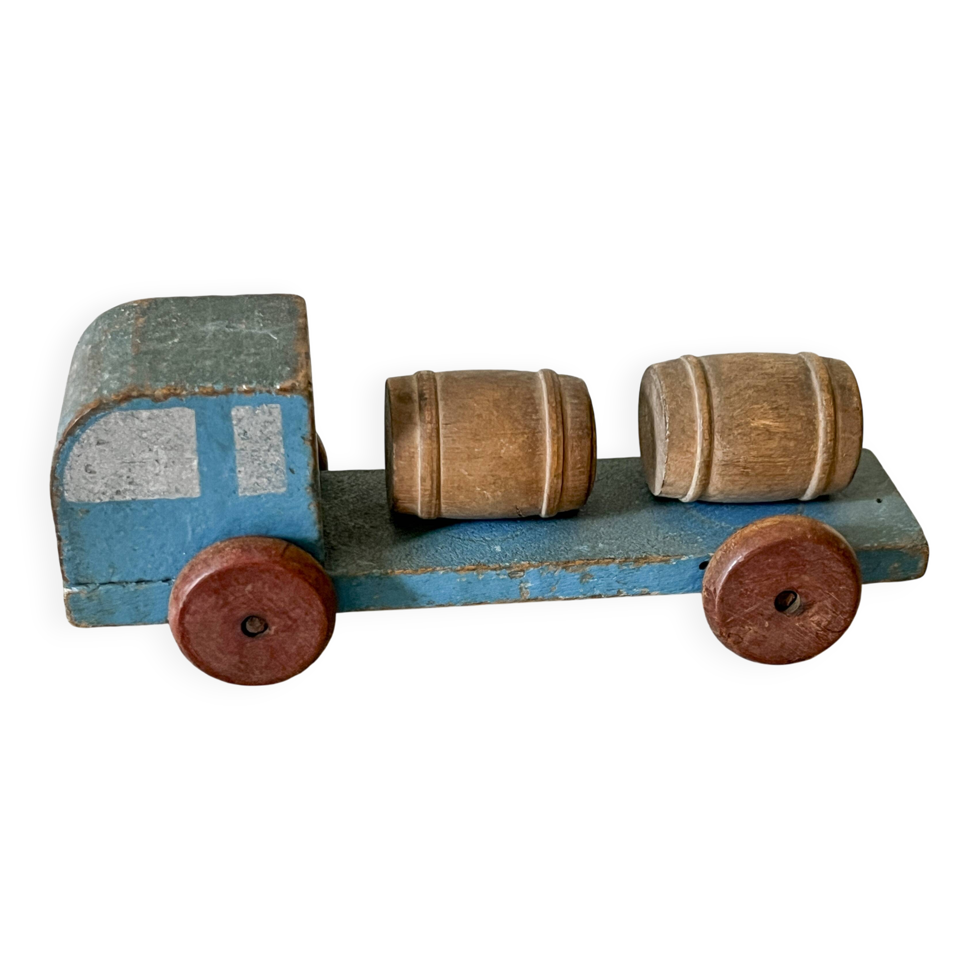 Small barrel transporter truck, antique waxed wooden toy
