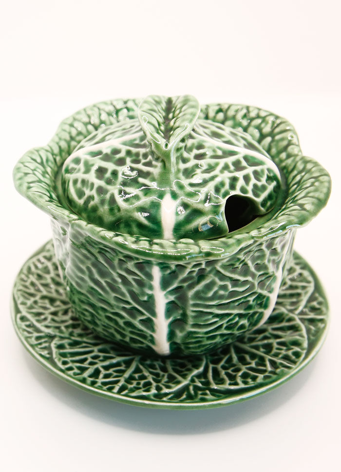 Mustard or sugar bowl from Portugal in green slurry like cabbage leaves