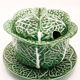 Mustard or sugar bowl from Portugal in green slurry like cabbage leaves