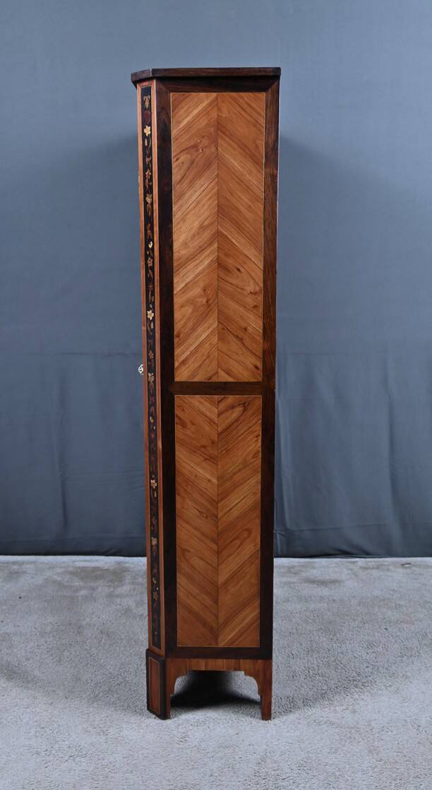 Showcase in precious wood marquetry, Louis XV Transition style.