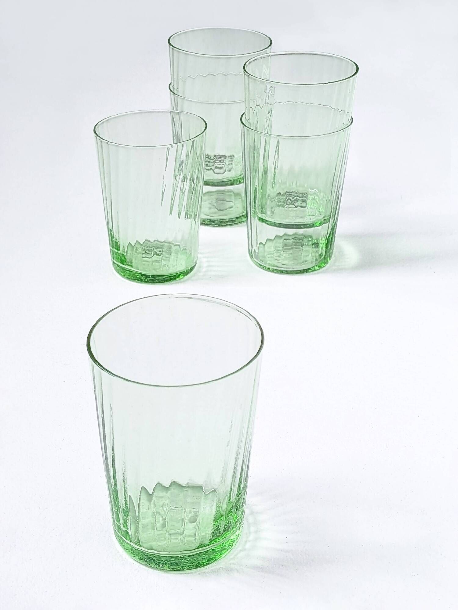 Set of 6 antique green blown glass goblets with fine fluting.