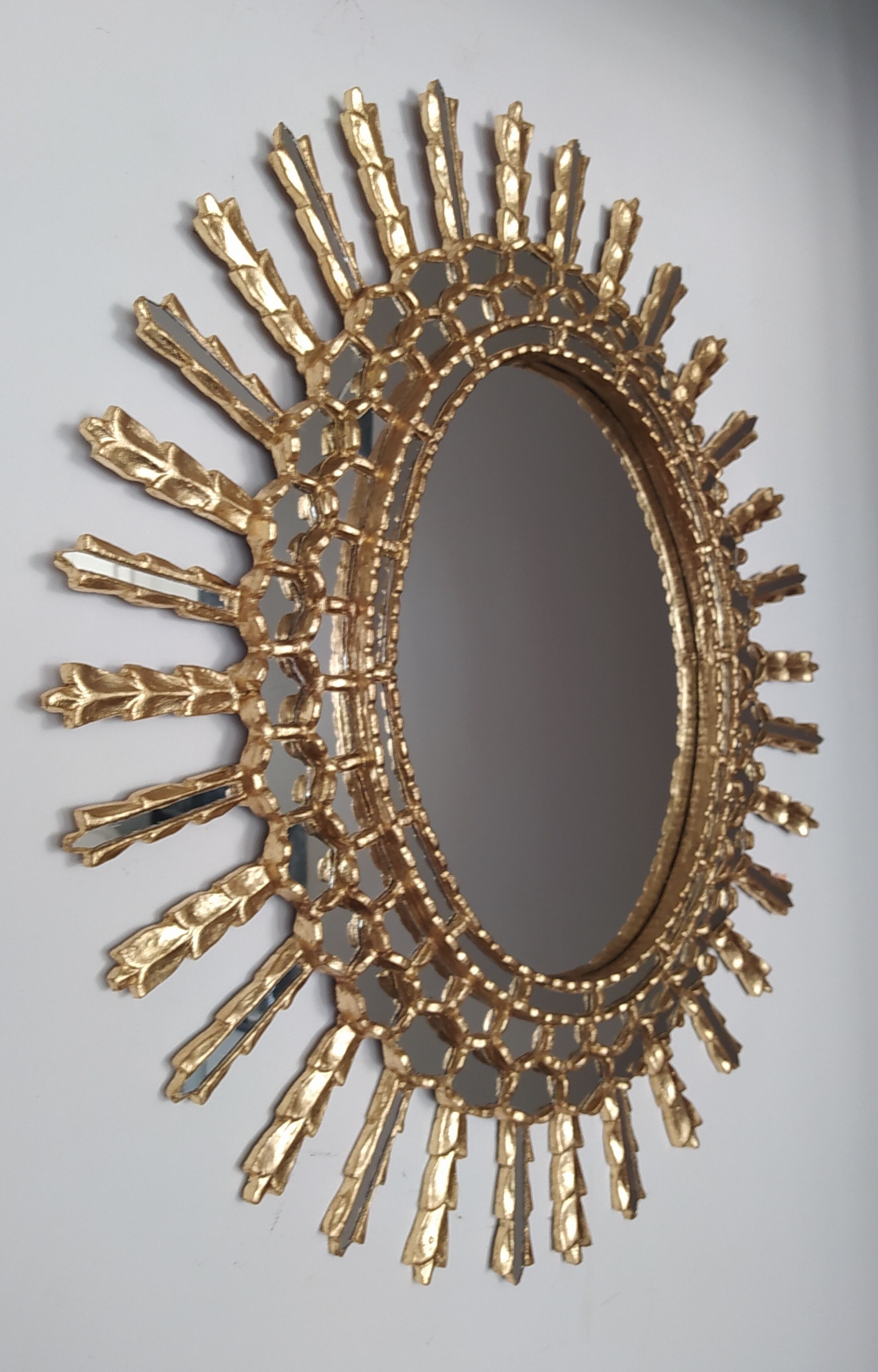 Golden wooden sun mirror 65x75cm