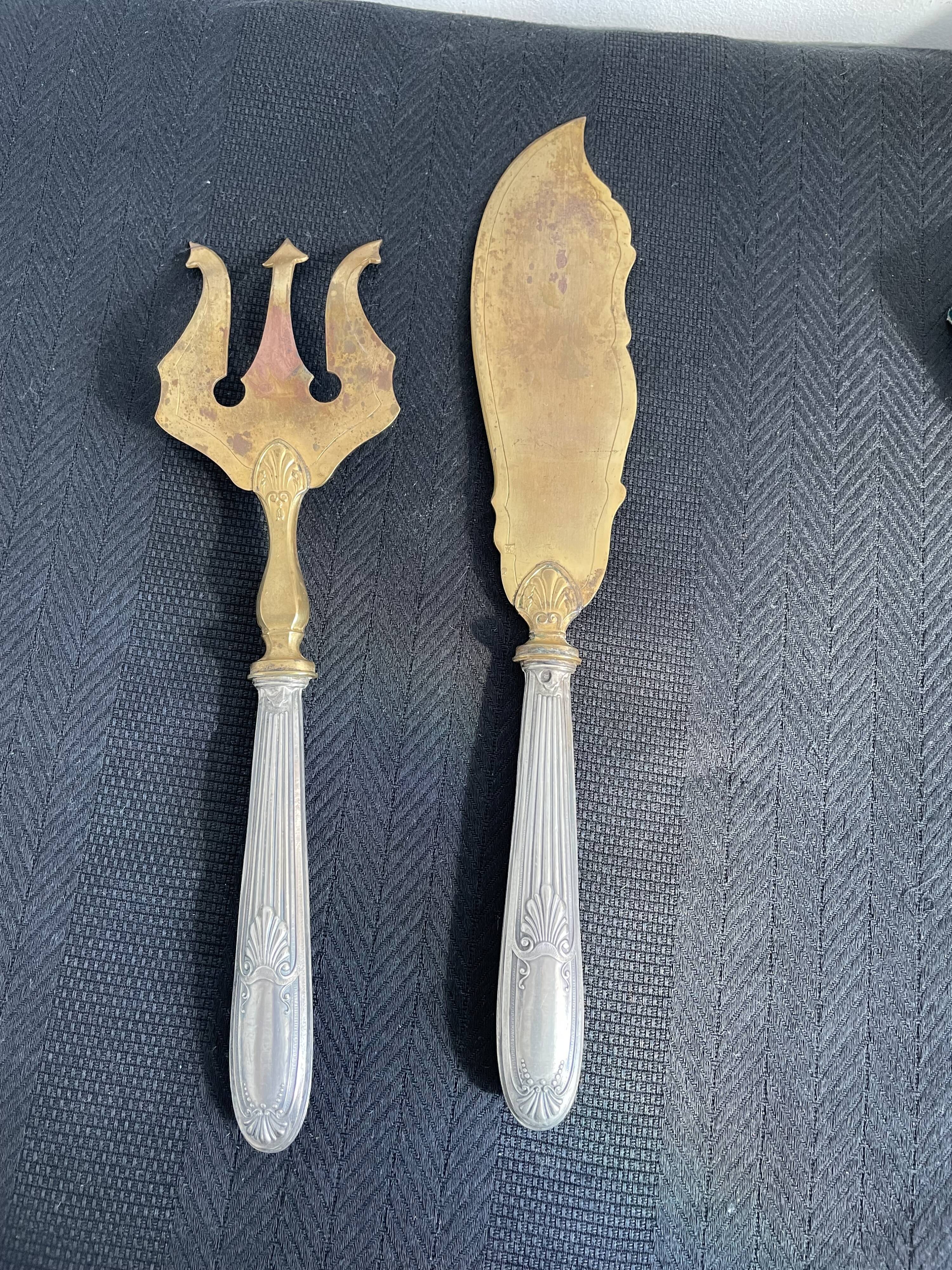 Antique, fish service cover, stuffed silver, gilded metal, France