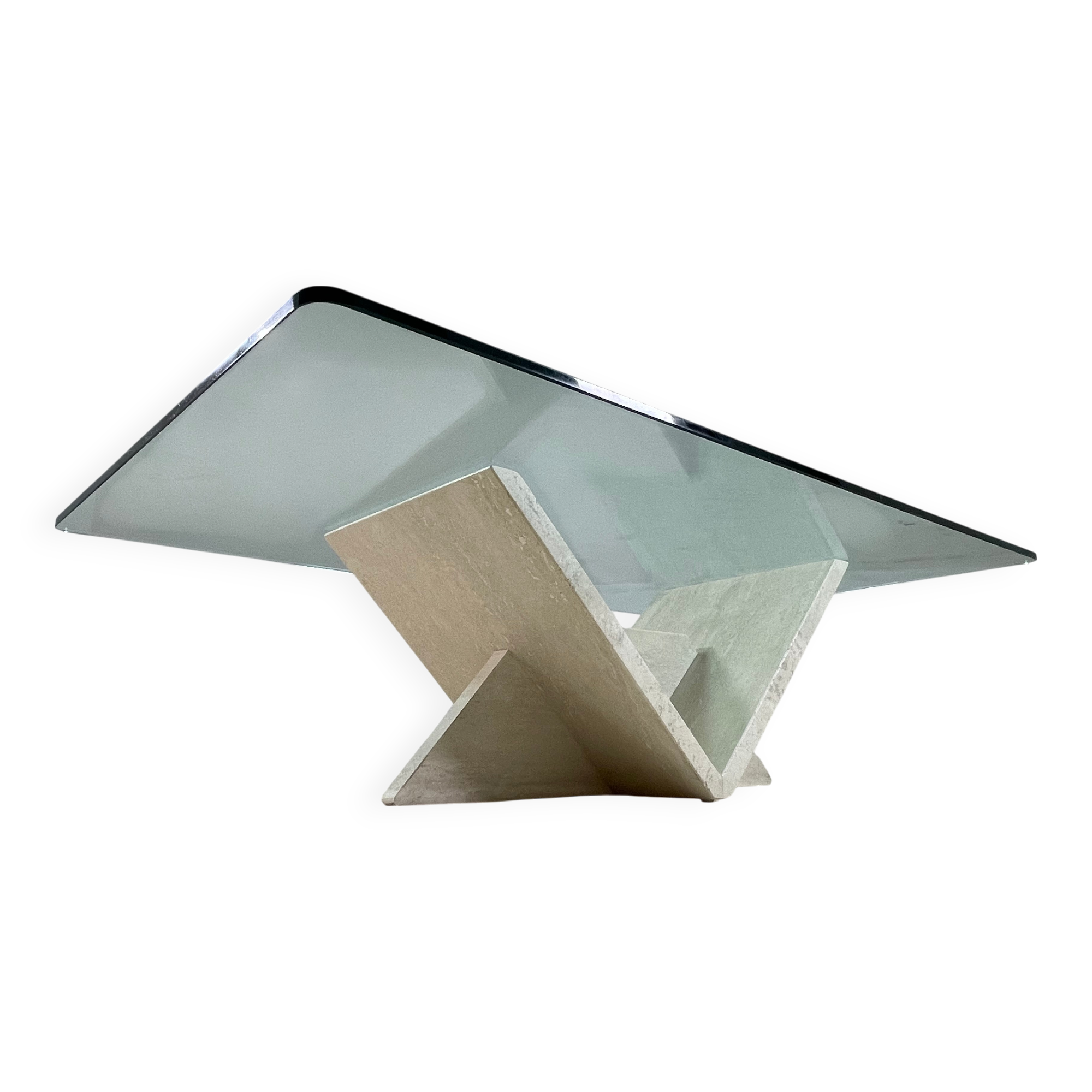 Table basse italienne en travertin et verre, 1970s