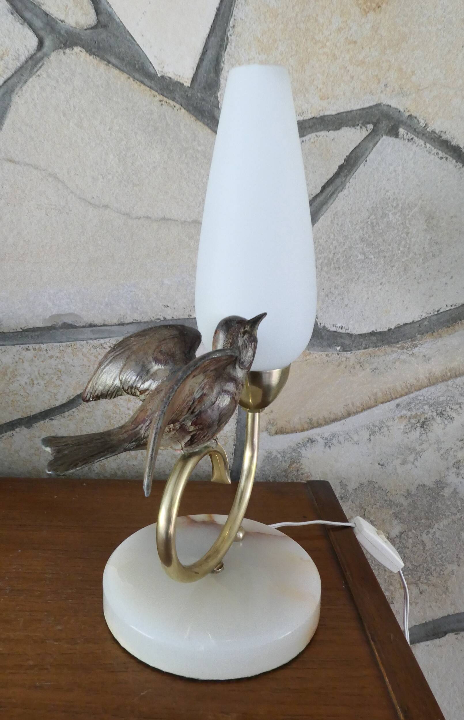1940-50 perched bird lamp, alabaster, brass and regula