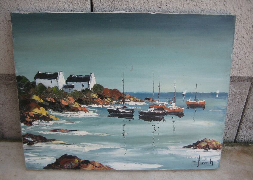 Oil on canvas signed, sailboats in brittany