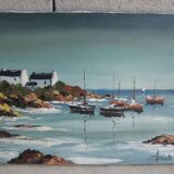 Oil on canvas signed, sailboats in brittany