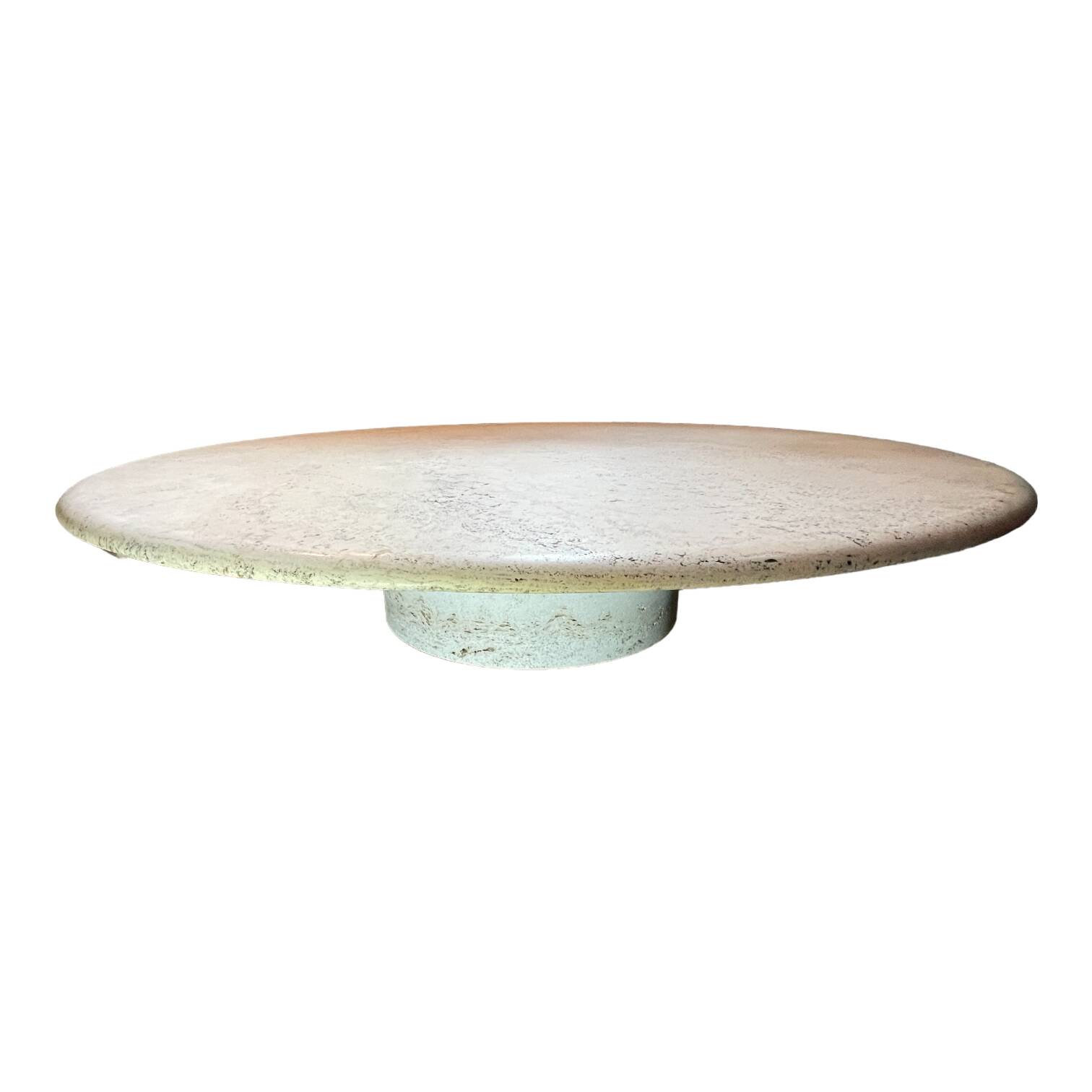 Round travertine coffee table, attributed to Angelo Mangiarotti, central cylindrical leg, 1970s
