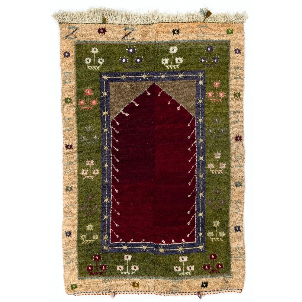 One-of-a-Kind Turkish Tulu Rug, Vintage Handknotted Prayer Rug. 100% Wool