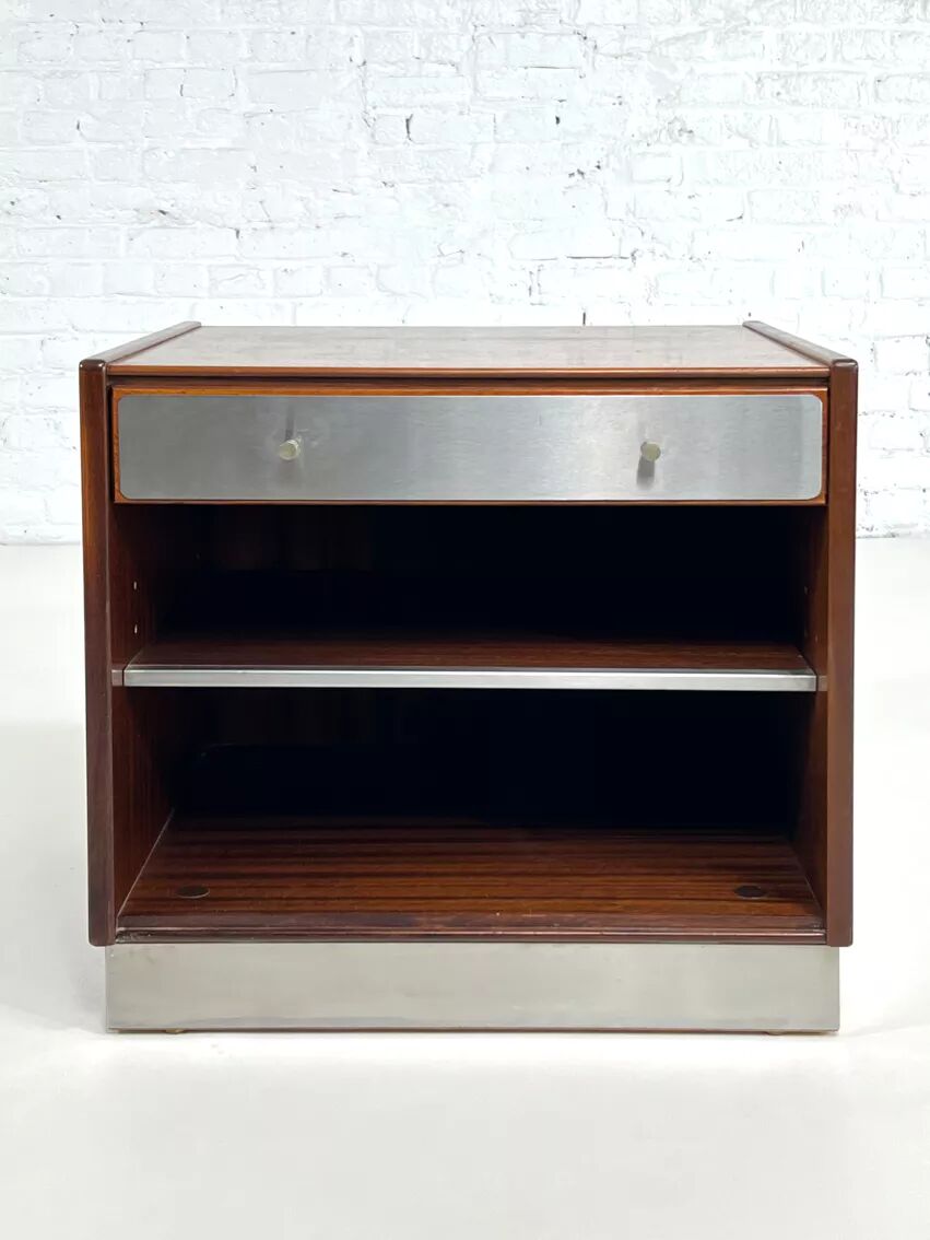 Vintage bedside table in rosewood and brushed aluminum