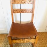 Lot of 4 old wooden and leather chairs
