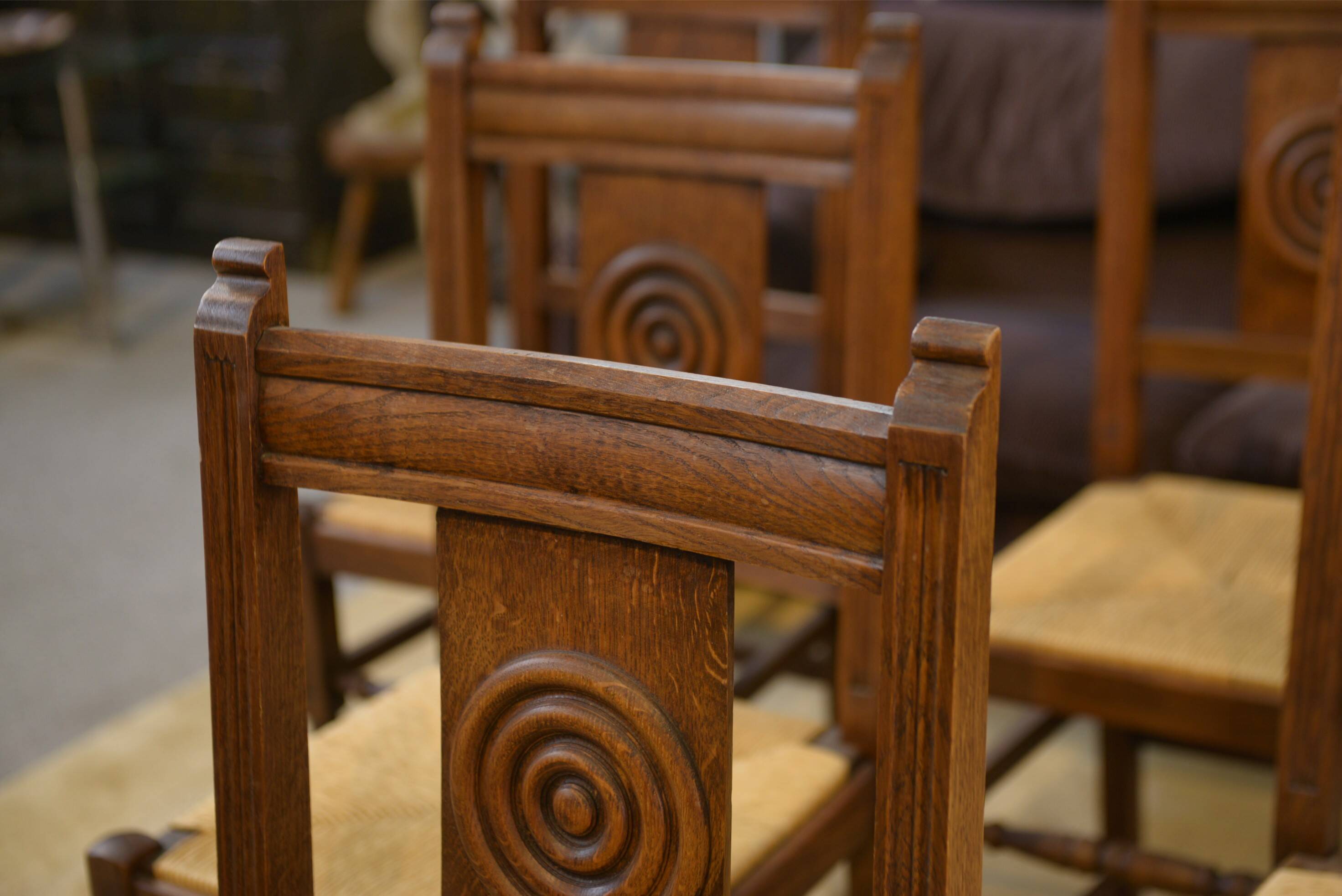 Set of 6 brutalist oak chairs from the 1950s.