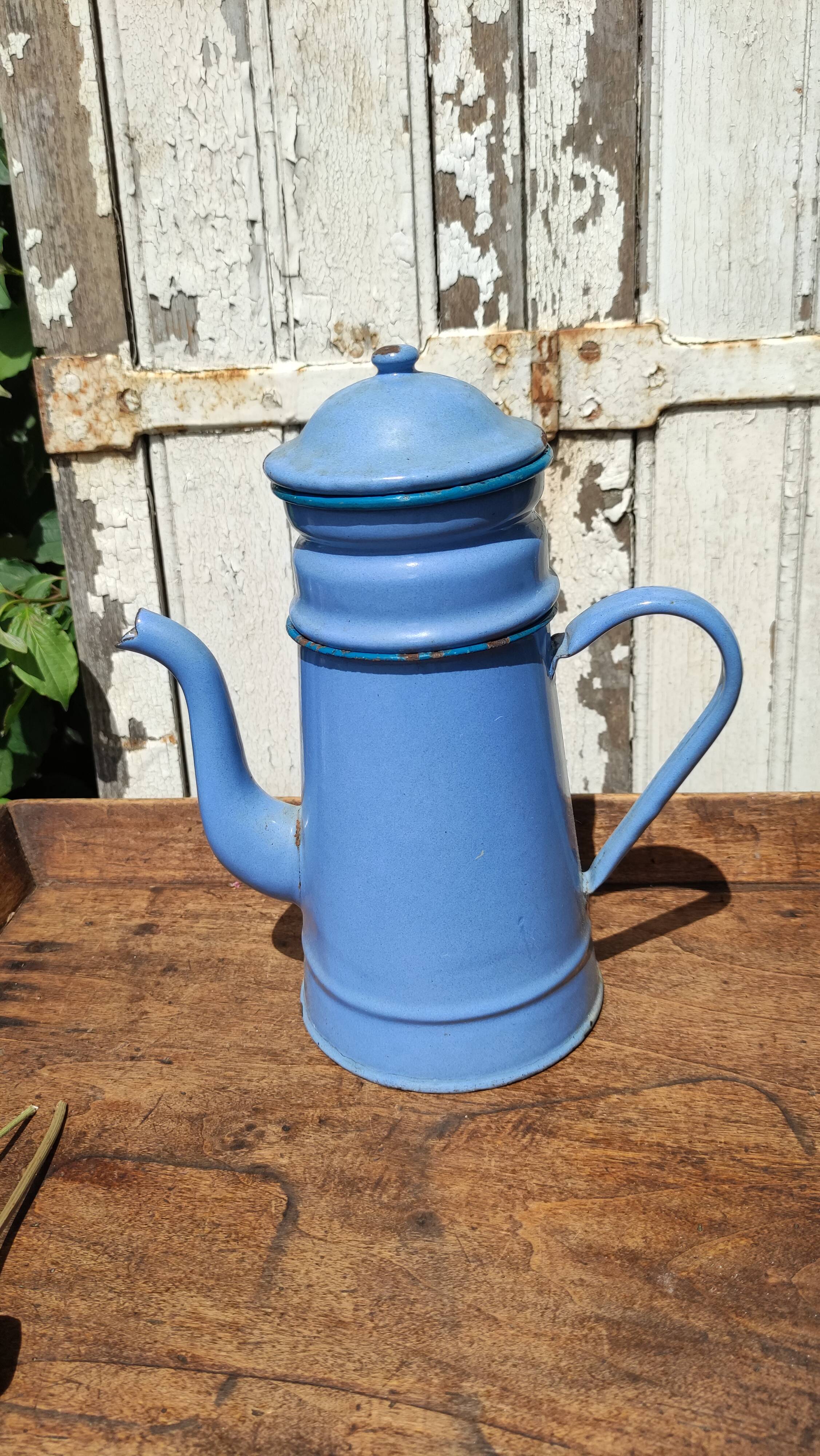 Blue coffee maker in vintage enamelled sheet metal