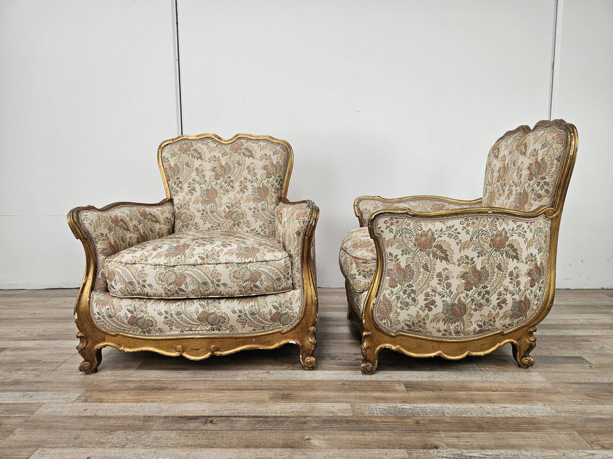 20th Century Italian Baroque Style Bergère Armchairs in Carved and Gilded W