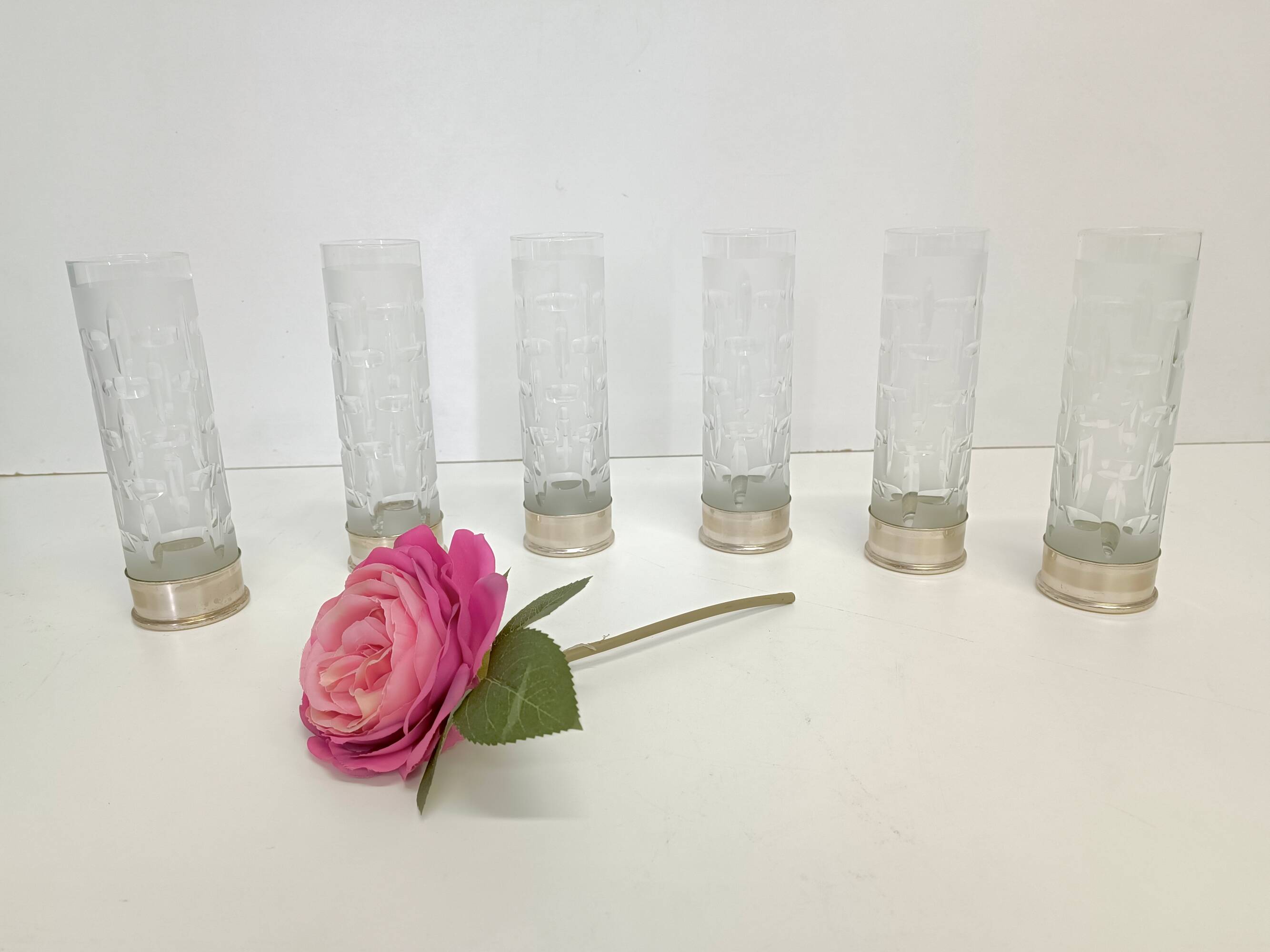 Set of Six Bohemian Ground Crystal and Silver Drinking Glasses