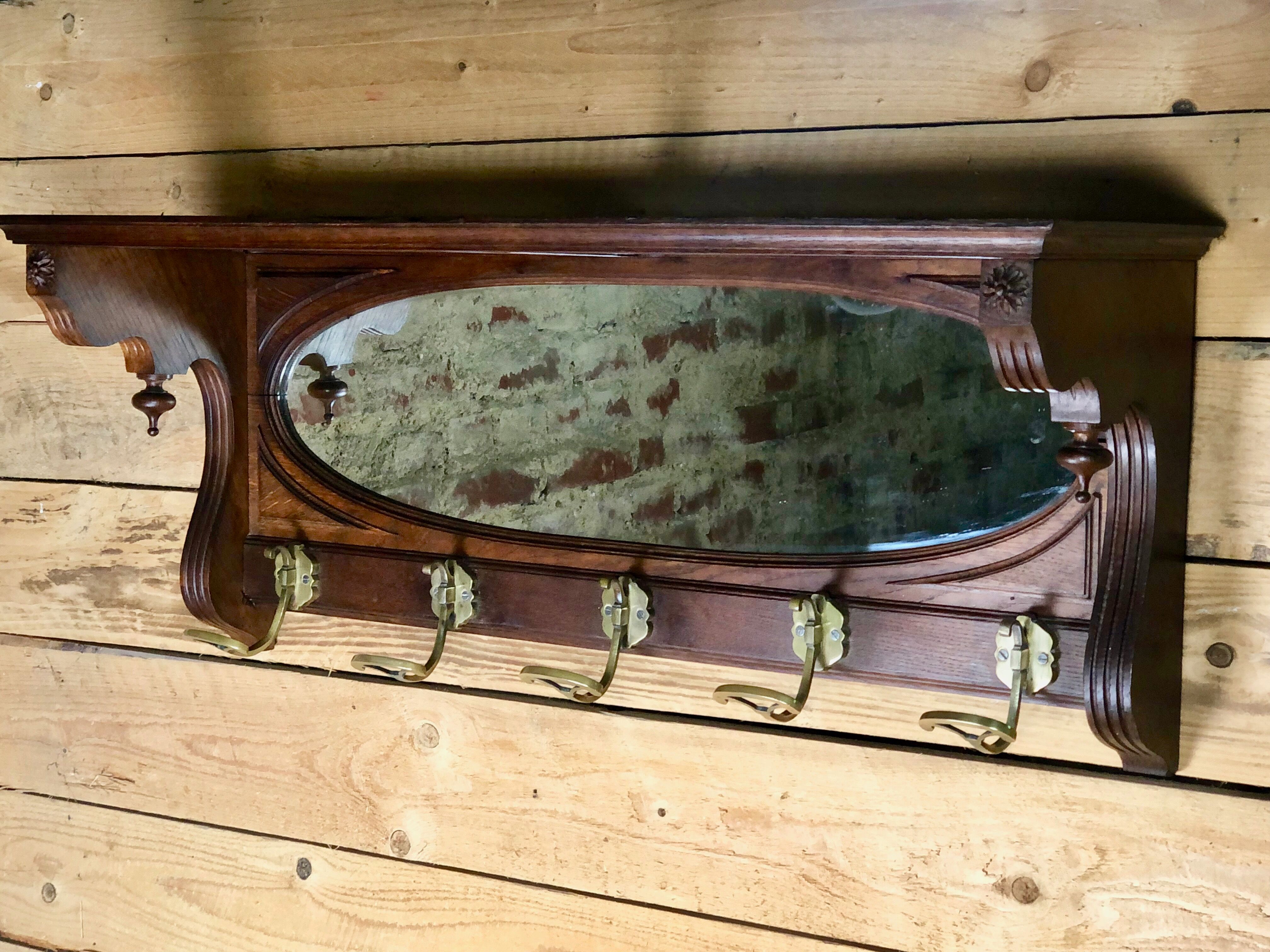 Walnut coat / towel holder 5 brass hooks 1900