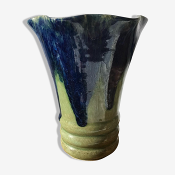 Vase vintage années 70 en céramique esprit vallauris - vert et bleu