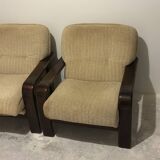 Pair of vintage beech and fabric armchairs, France, 1970s