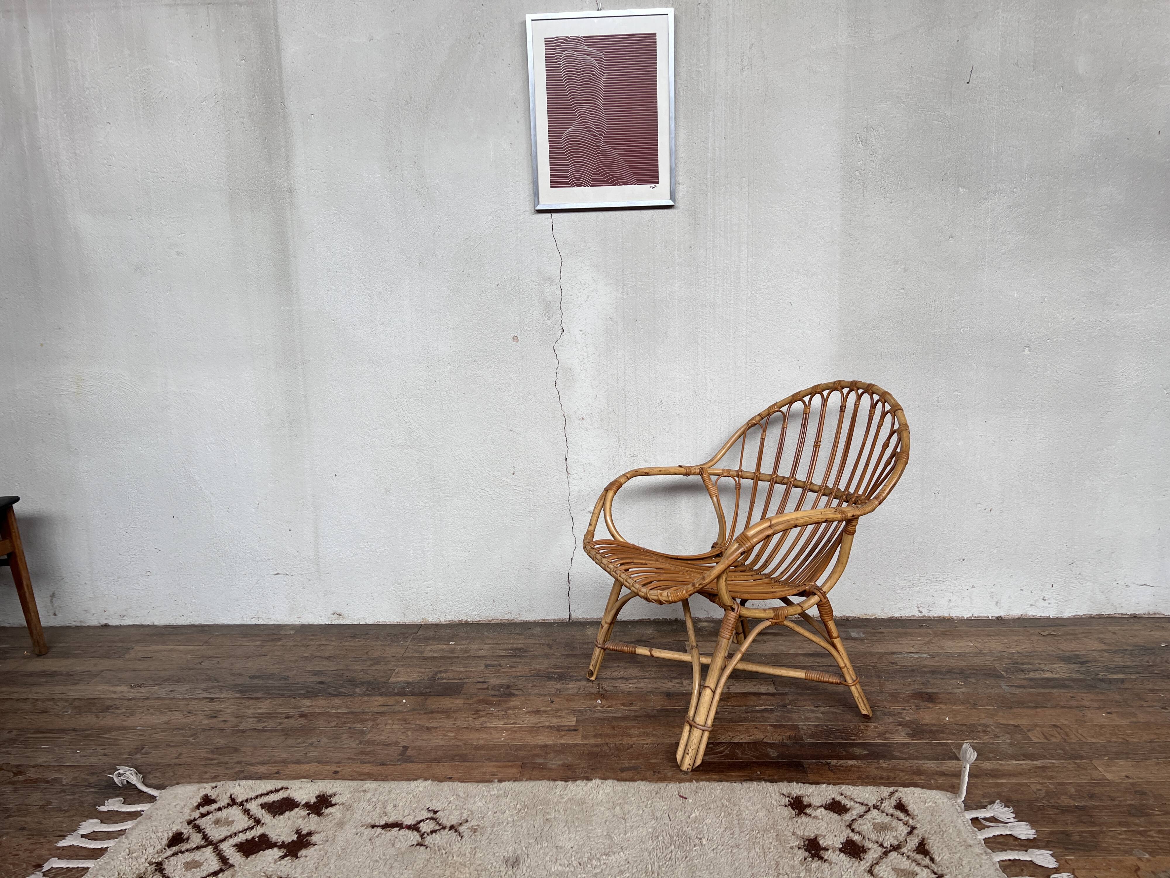 Fauteuil bohème shabby chic en rotin bambou 1950