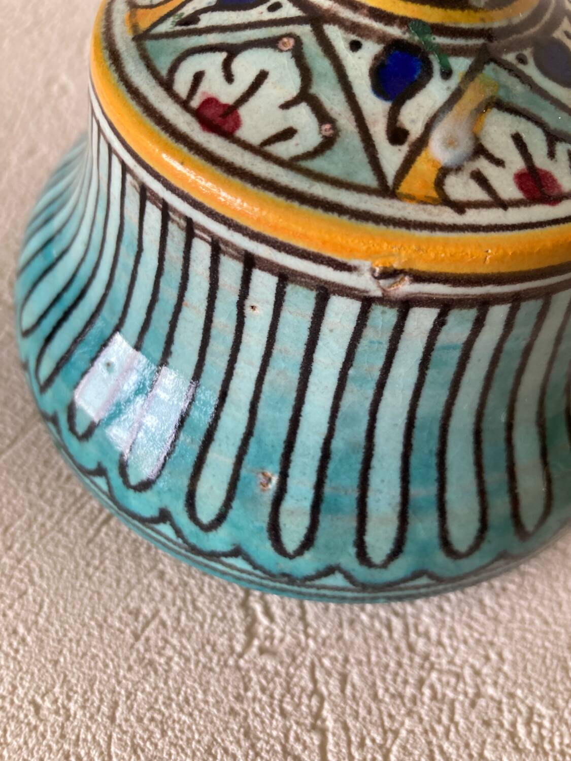 Small butter pot Jobbana Morocco Fez 19th century with centipede and geometric decorations