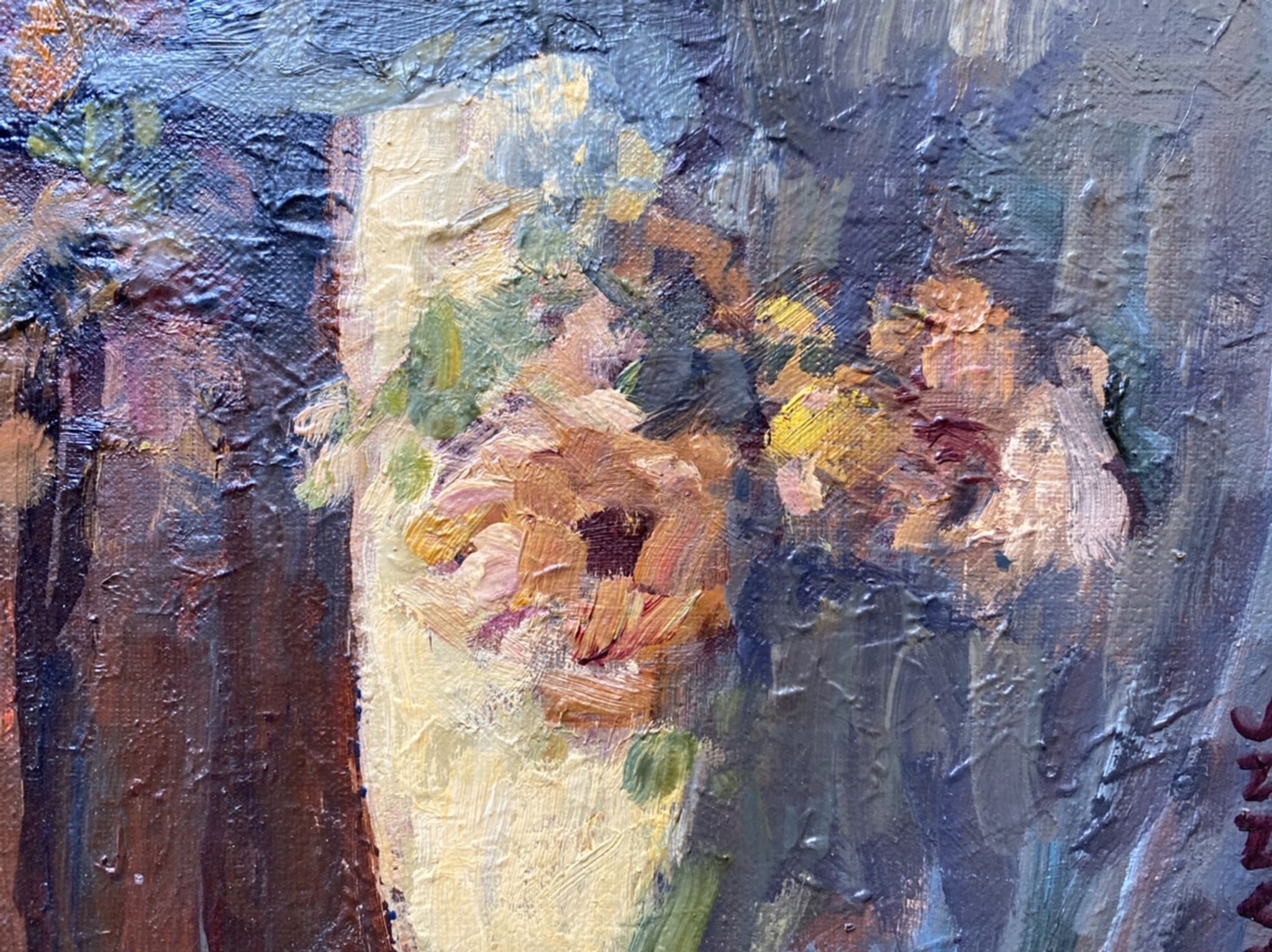 Ancient painting, Still Life with Flowers and Cartel Pendulum, signed, 20th century