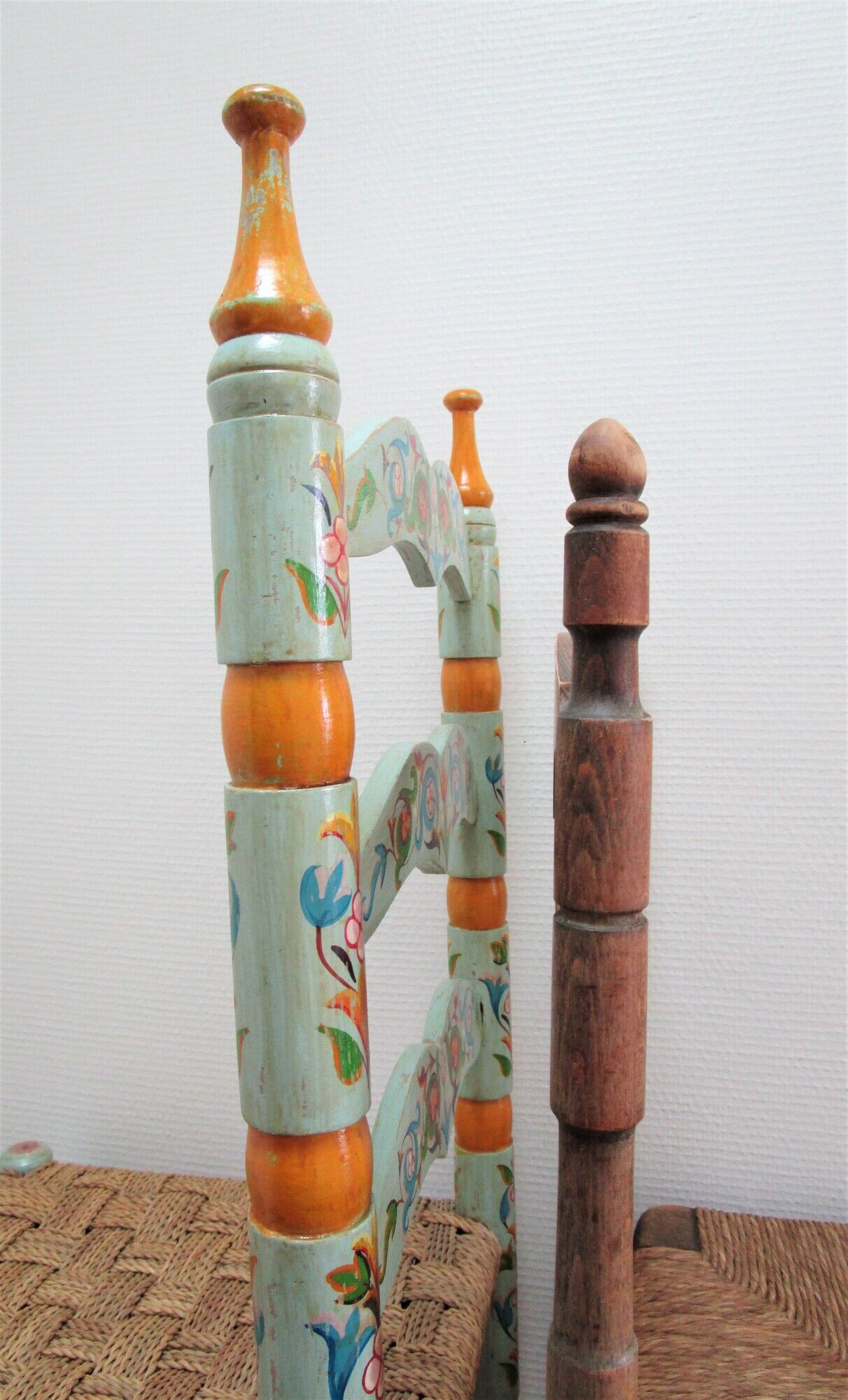Two chairs patinated polka dots and painted wood folk art seat vintage straw