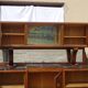 Solid walnut sideboard, moustache legs, black marble top.