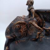 Antique Khmer ceramic vase. With elephant decoration.