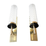 Pair of brass and glass wall lamps tube / vintage 60s-70s