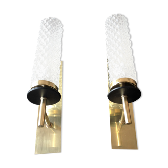 Pair of brass and glass wall lamps tube / vintage 60s-70s