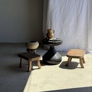 Small stool, rectangular rounded solid teak side table wabi-s