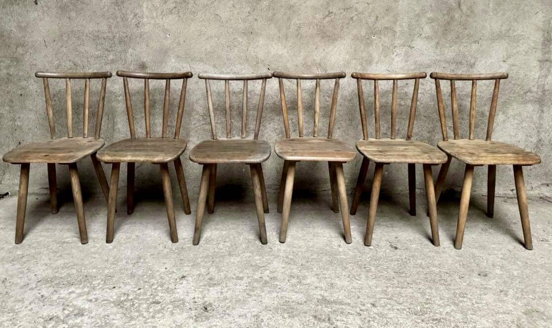 Series Set of 6 old rustic Western bistro chairs in original patina wood