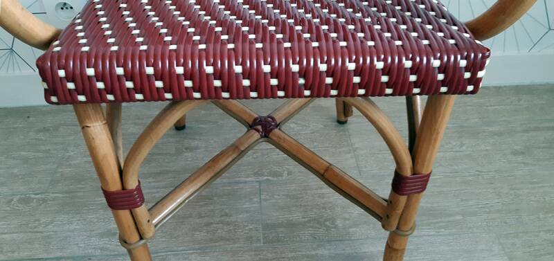 Vintage Parisian bistro armchair in rattan/bamboo and woven nylon.