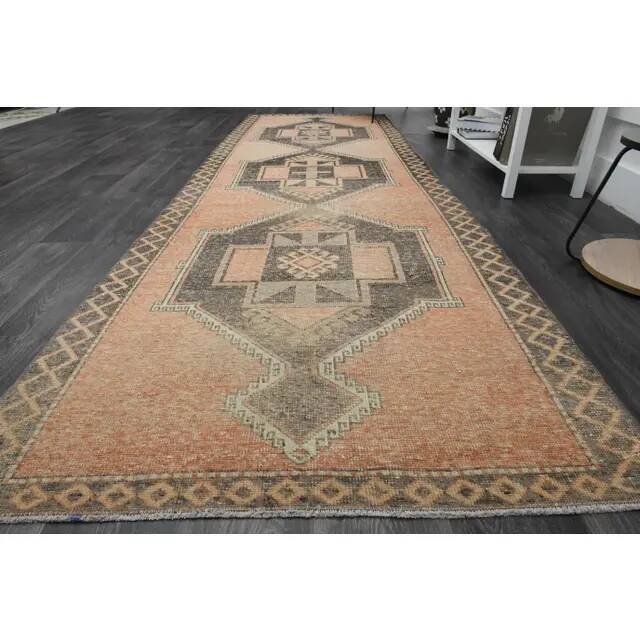 1970s Vintage Turkish Oushak Handmade Wool Cotton Orange Runner Rug 122x384