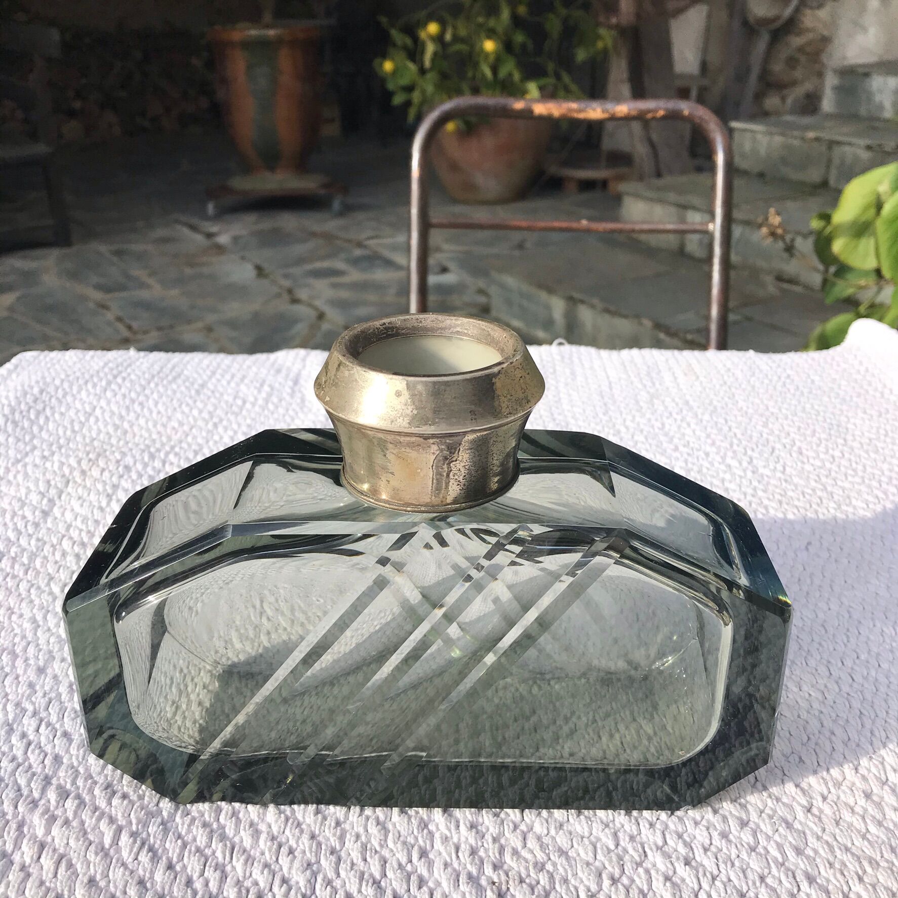 Art Deco smoked glass vase engraved silver metal collar