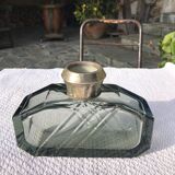 Art Deco smoked glass vase engraved silver metal collar