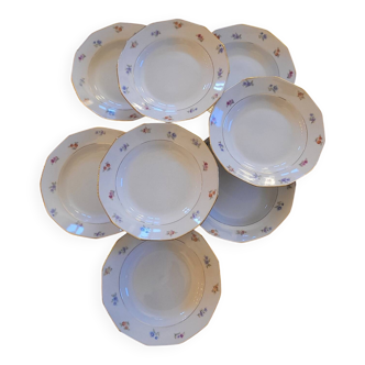 Porcelain soup plates - Decorated with small flowers and a gold rim