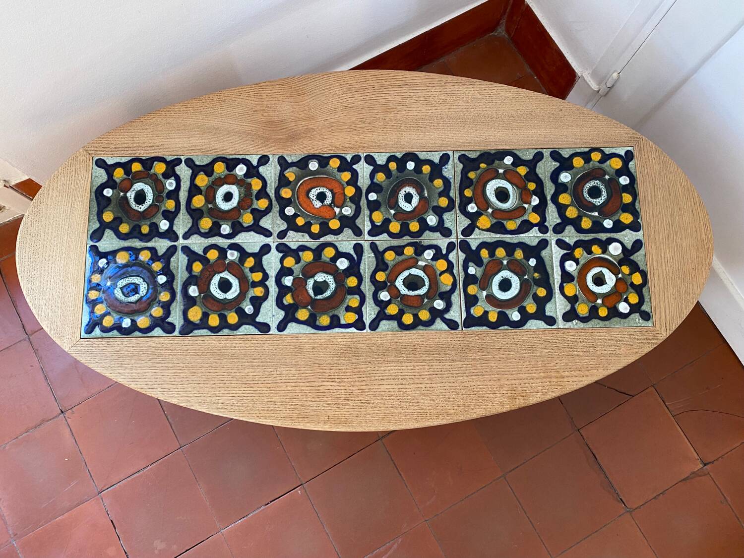 Coffee table in oak and ceramic by GUILLERME ET CHAMBRON