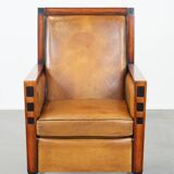 Sheep leather and wood armchair with an Art Deco design