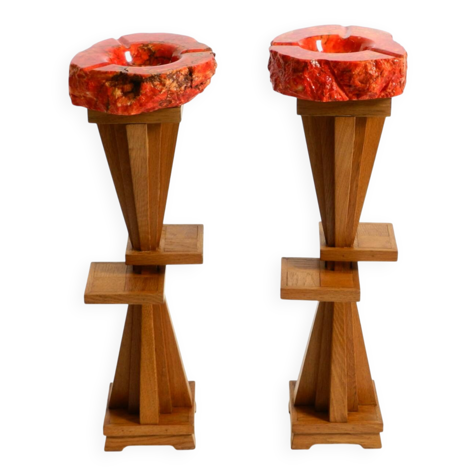 Two mid-century standing ashtrays consisting of red Alabaster cup