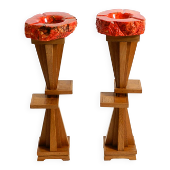Two mid-century standing ashtrays consisting of red Alabaster cup