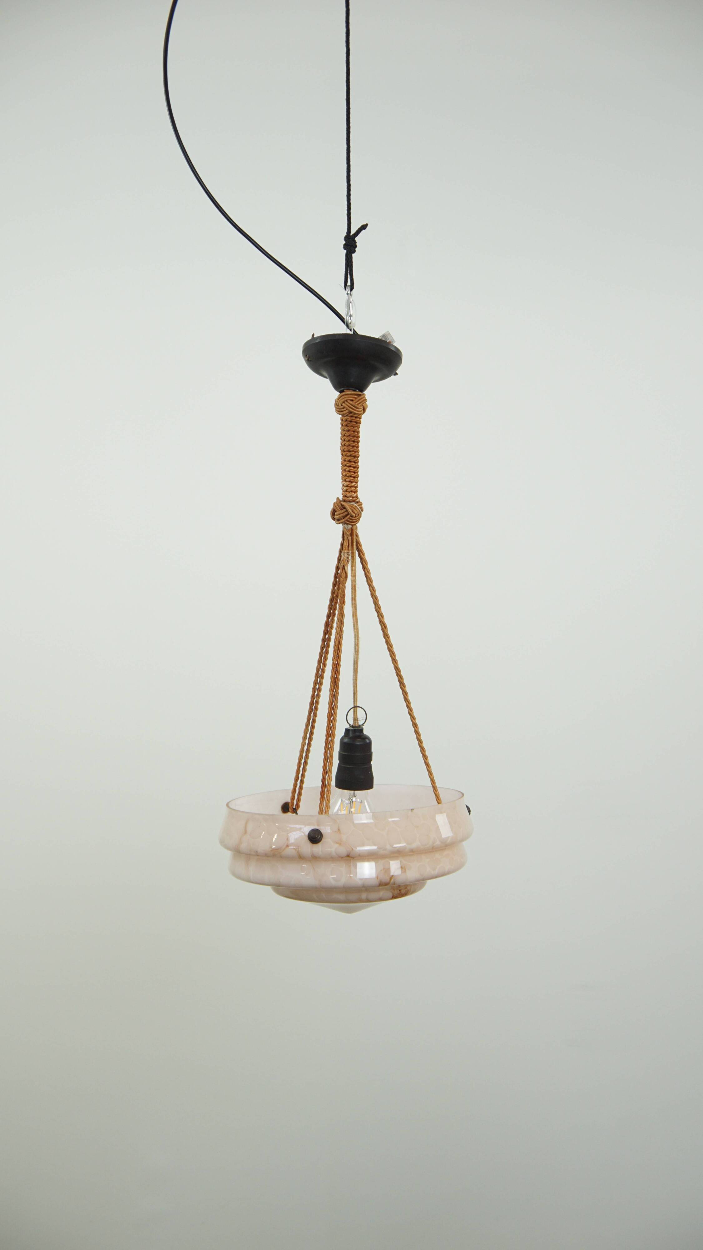 Vintage soft pink marbled glass Art Deco design pendant lamp