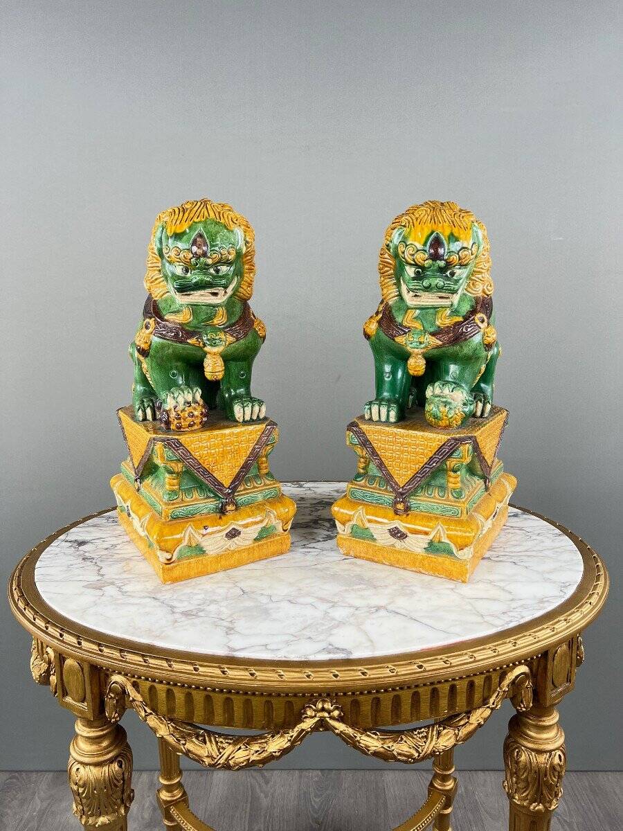 Pair of Guardian Lions in Glazed Ceramic, China, 20th Century