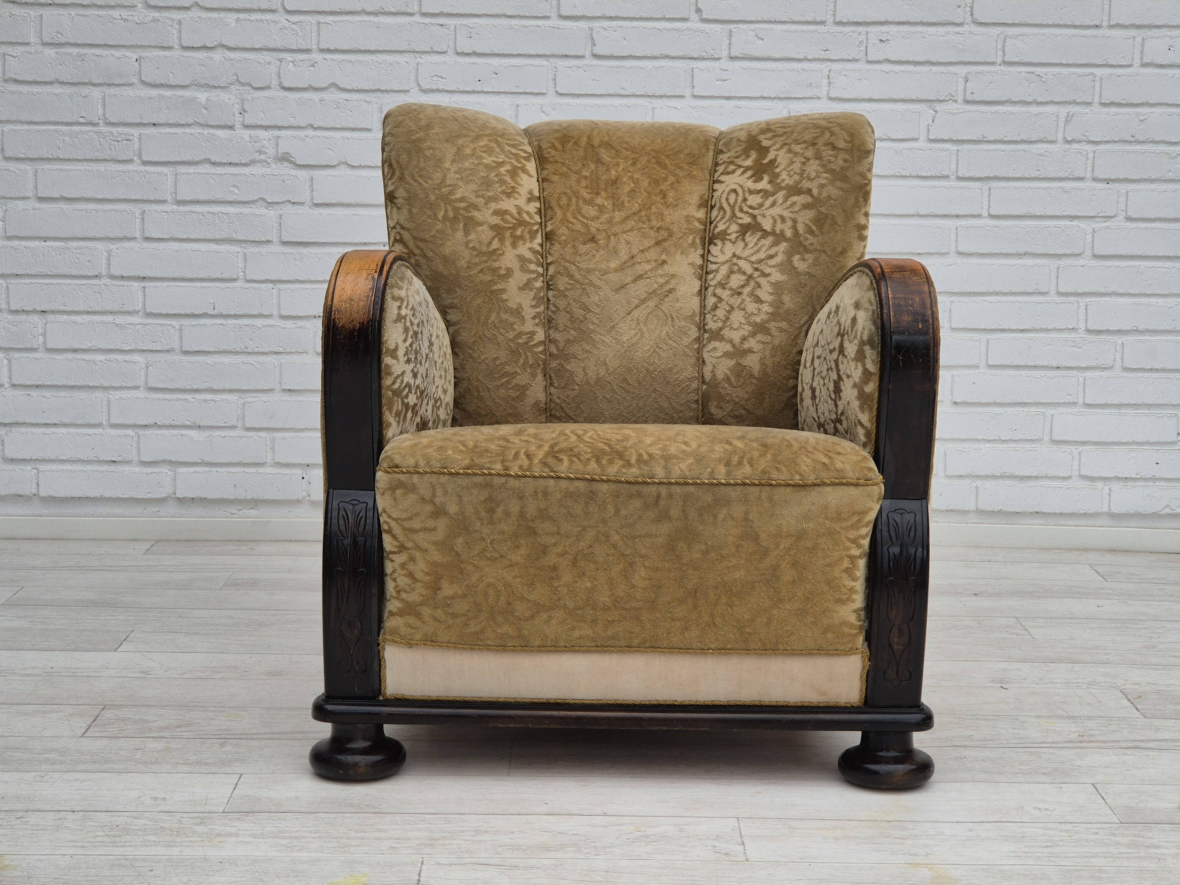 1950s, Danish vintage relax armchair, furniture velour, ash wood.